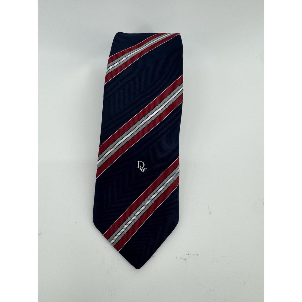 Christian Dior Navy Striped Silk Blend Neck Tie